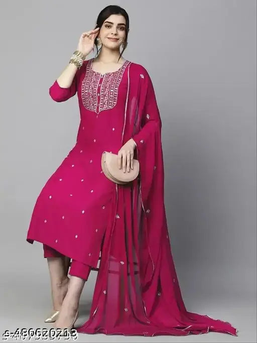 Women's Pink Embroidered Straight Kurta with Trouser & Dupatta
