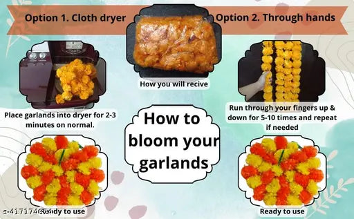 Artificial Marigold Flowers Garlands Pack of 5 Yellow & Green for Decoration Fluffy genda phool Flower foe Wedding Home Decor Office Kitchen Diwali Festival Decor mala Door toran pack of 5 mala