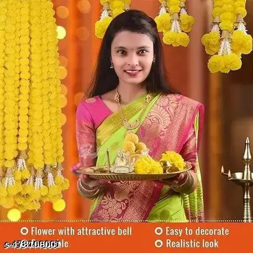 Artificial Marigold Flowers for Decoration Garland with Bell for Diwali & Festivals | 5 Feet Long 5 Pcs (Yellow)