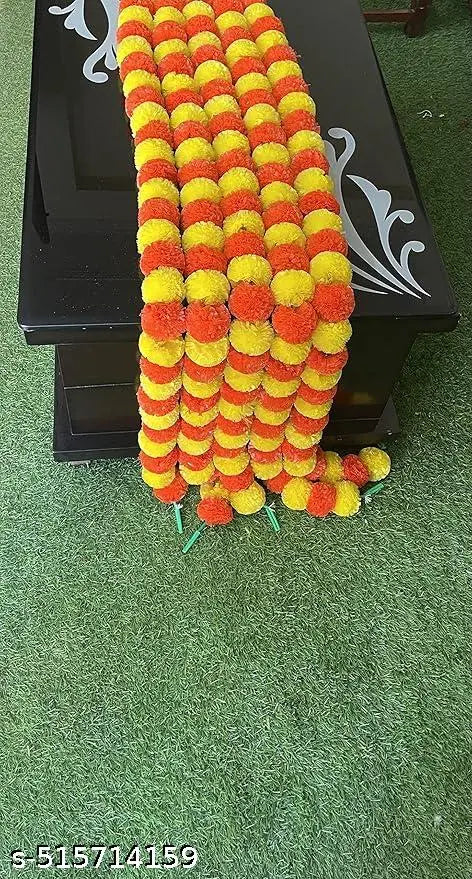 Deisgn-Artificial Marigold Fluffy Flowers for Door, Well Hanging, Wedding, Diwali, Pooja Ghar Decoration( 5 Ft. , Pack of 5)