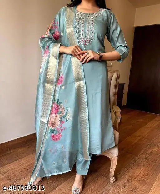 Embroidered Kurta With Printed Dupatta And pent