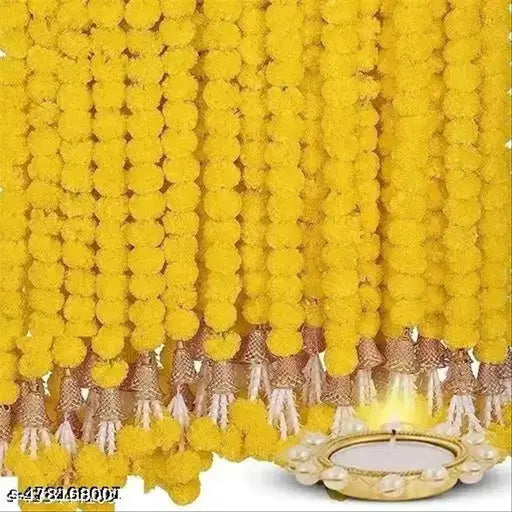 Artificial Marigold Flowers for Decoration Garland with Bell for Diwali & Festivals | 5 Feet Long 5 Pcs (Yellow)