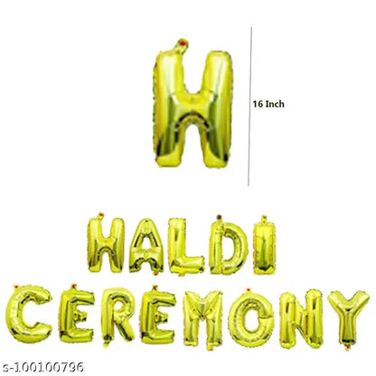 Haldi Ceremony Decoration Set of |45Pcs|items |13pcs Letter Haldi Ceremony Foil Balloon Banner,2pcs Golden Foil Curtain With 30pcs Golden Metallic Balloons Combo Party Items