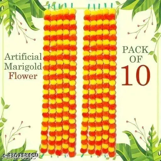 Artificial Fluffy Marigold Flower/Genda Phool Garlands | 5 Feet Long Garlands String Door Toran Set for Diwali | Door Hangings for Decoration (Yellow-Red Mix Mala, 10 Piece)