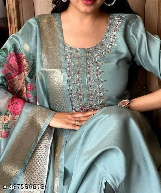Embroidered Kurta With Printed Dupatta And pent