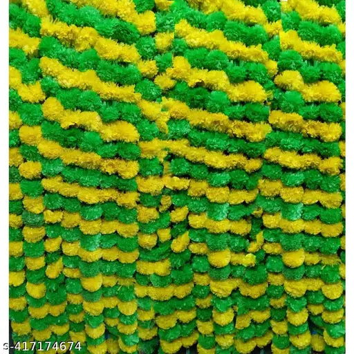 Artificial Marigold Flowers Garlands Pack of 5 Yellow & Green for Decoration Fluffy genda phool Flower foe Wedding Home Decor Office Kitchen Diwali Festival Decor mala Door toran pack of 5 mala