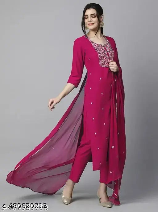 Women's Pink Embroidered Straight Kurta with Trouser & Dupatta