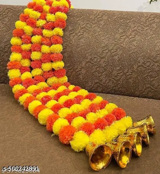 Rainbow Decor Fluffy Marigold Flowers Garlands for Festivals/ Pooja Room Decorations/ Wedding/ Housewarming/ Diwali Decorations/ Events /Home Decorations ( Lemon-Orange Approx. 4.5 to 4.9 ft- 5 Pieces)