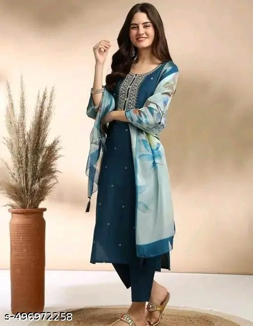 Fancy Rayon Slub Kurta Set For Women With Dupatta