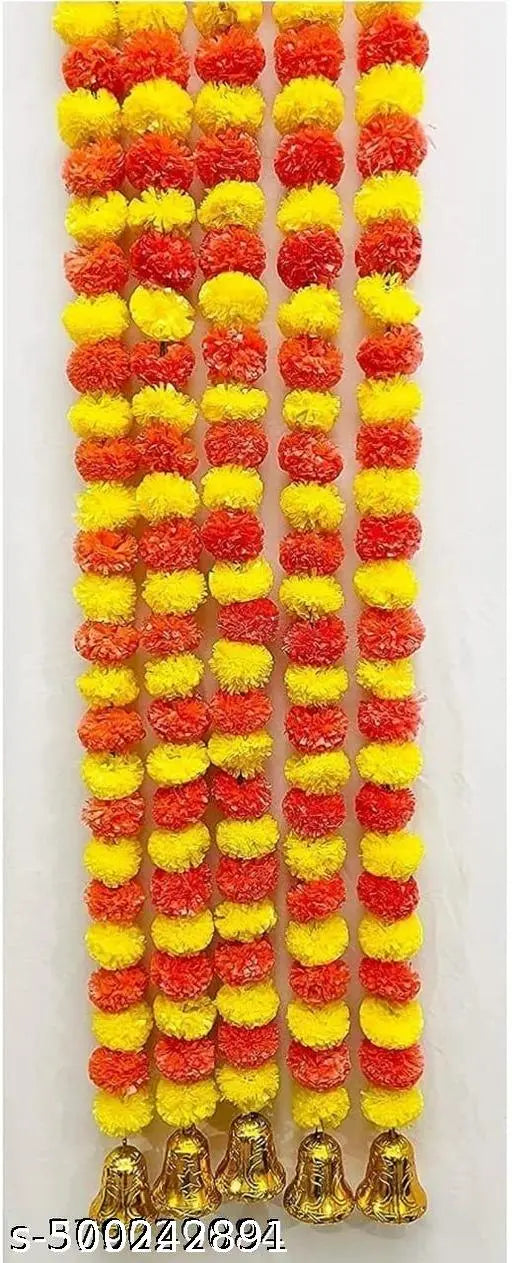 Rainbow Decor Fluffy Marigold Flowers Garlands for Festivals/ Pooja Room Decorations/ Wedding/ Housewarming/ Diwali Decorations/ Events /Home Decorations ( Lemon-Orange Approx. 4.5 to 4.9 ft- 5 Pieces)