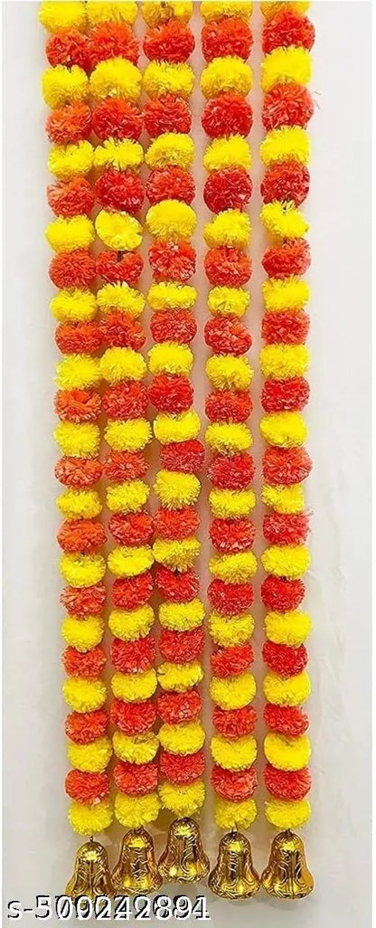 Rainbow Decor Fluffy Marigold Flowers Garlands for Festivals/ Pooja Room Decorations/ Wedding/ Housewarming/ Diwali Decorations/ Events /Home Decorations ( Lemon-Orange Approx. 4.5 to 4.9 ft- 5 Pieces)