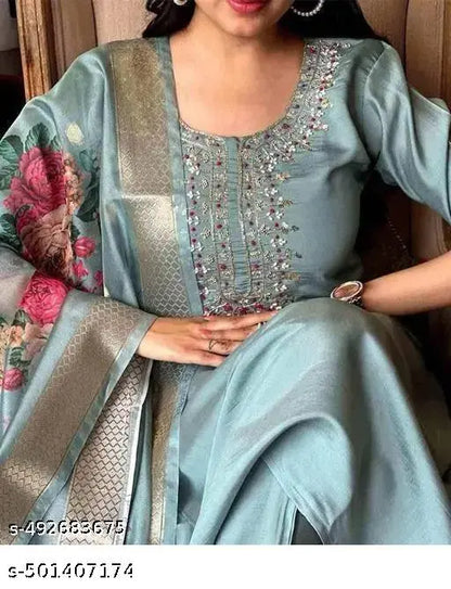 Embroidered Kurta With Printed Dupatta And pent