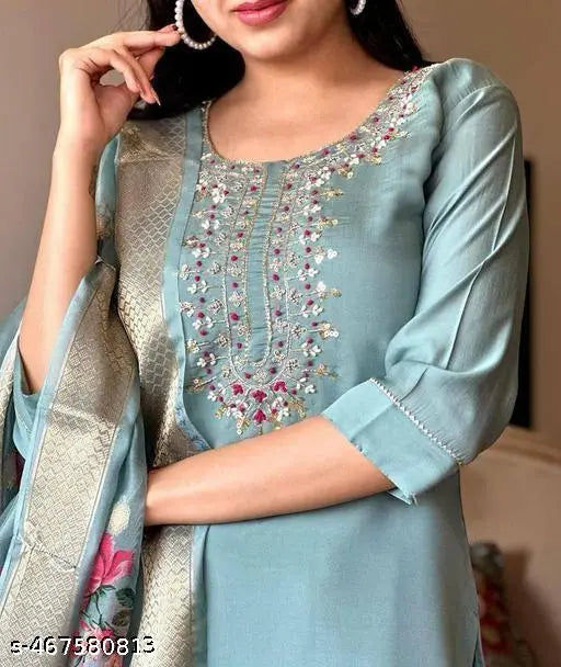 Embroidered Kurta With Printed Dupatta And pent