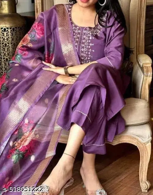 Embroidered Kurta With Printed Dupatta And pent