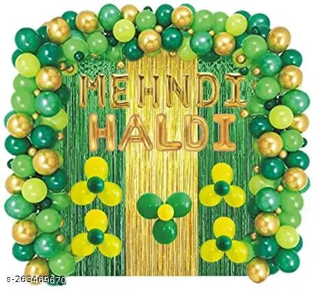 Haldi Mehndi Ceremony Decoration items Decoration Kit contains 1 Mehndi Foil 1 Haldi Foil 1 Gold Curtains 2 Green Curtains