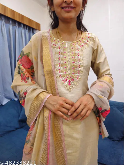 Embroidered Kurta With Printed Dupatta And pent