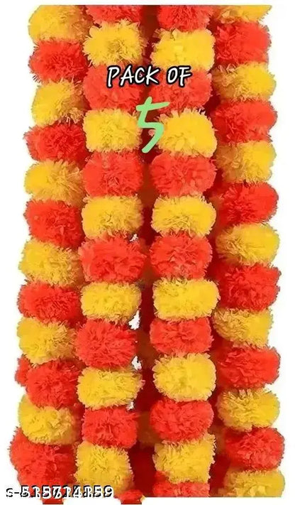 Deisgn-Artificial Marigold Fluffy Flowers for Door, Well Hanging, Wedding, Diwali, Pooja Ghar Decoration( 5 Ft. , Pack of 5)
