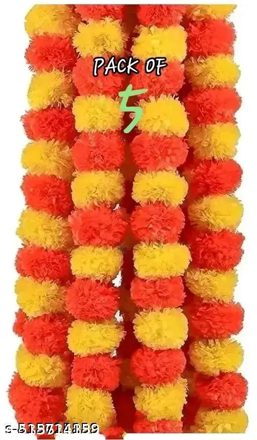 Deisgn-Artificial Marigold Fluffy Flowers for Door, Well Hanging, Wedding, Diwali, Pooja Ghar Decoration( 5 Ft. , Pack of 5)