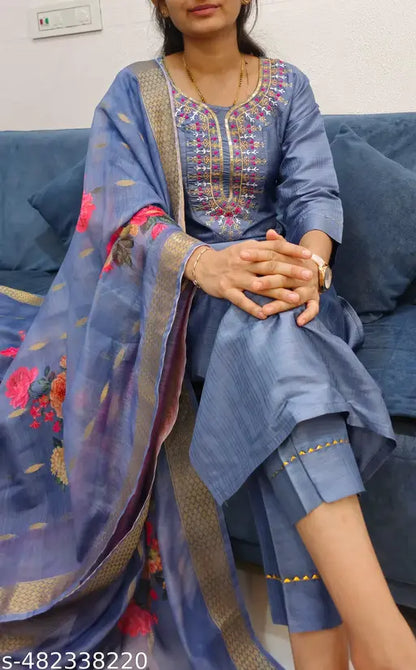 Embroidered Kurta With Printed Dupatta And pent