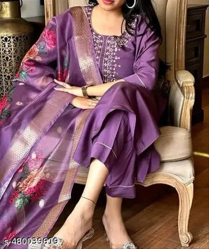 Embroidered Kurta With Printed Dupatta And pent