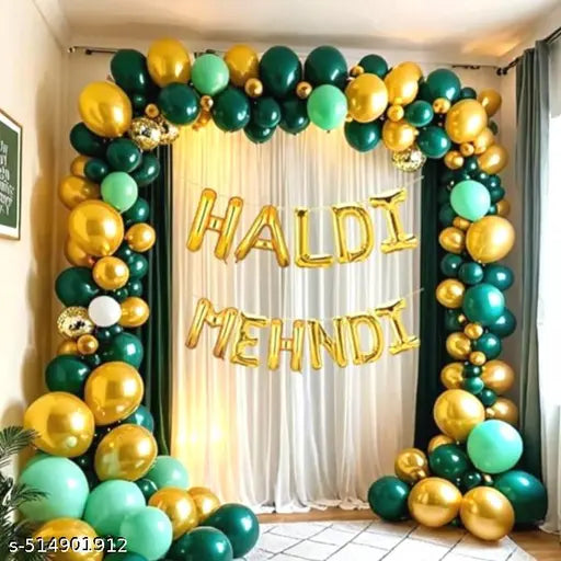 Haldi and Mehndi Backdrop Decoration Set with Balloons for Wedding - Traditional Pooja Backdrop for Haldi and Mehendi Ceremony | Kit for Marriage with Curtains and Hooks (40 Pcs Kit)