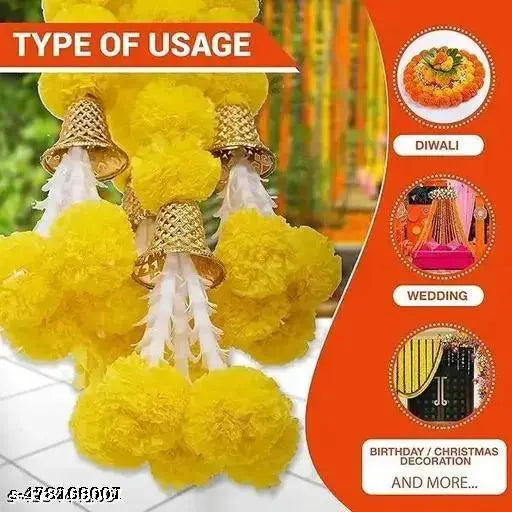 Artificial Marigold Flowers for Decoration Garland with Bell for Diwali & Festivals | 5 Feet Long 5 Pcs (Yellow)
